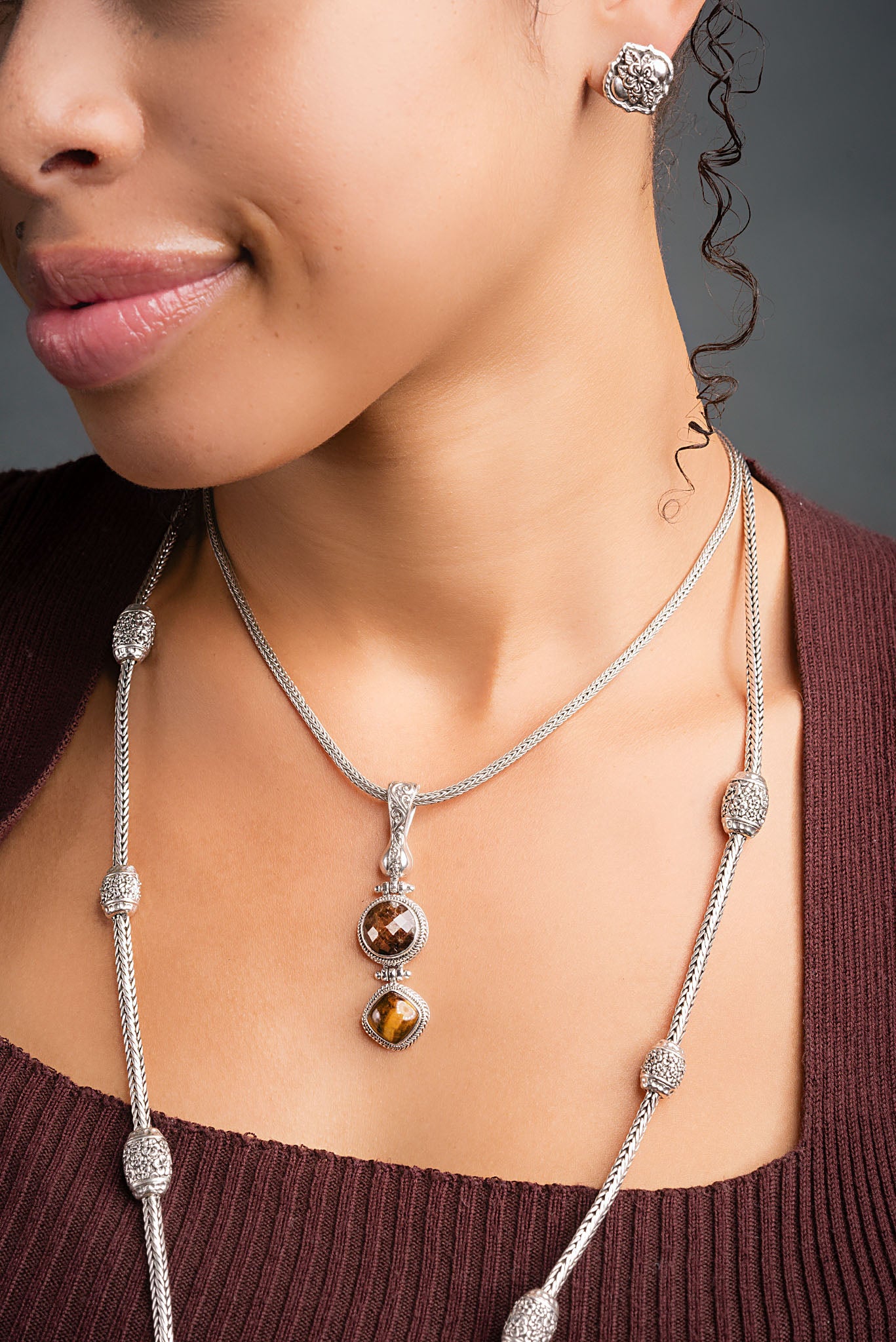 Silver and Orange Iridescent Glass outlets Bead Byzantine Necklace, Bracelet and Earrings