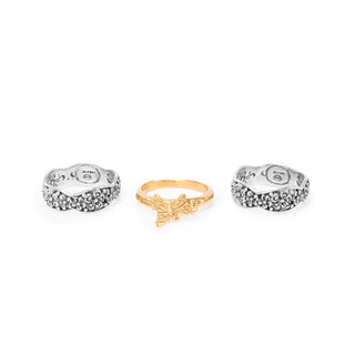 18K Gold Over Sterling Silver Frangipani & Hammered Butterfly Set Of Three Rings - Last Chance - only found at SARDA™