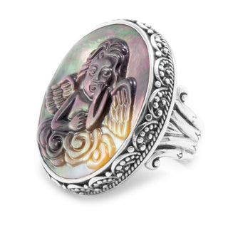 Sterling Silver Filigree & Bamboo Black Mother Of Pearl Carved Angel Ring™ - Last Chance - only found at SARDA™