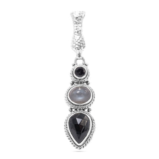 STERLING SILVER HAMMERED BLACK SPINEL, GREY MOONSTONE & ODYSSEY BLACK KNIGHT™ MYSTIC QUARTZ PENDANT WITH MAGNETIC ENHANCER BAIL - Last Chance - only found at SARDA™