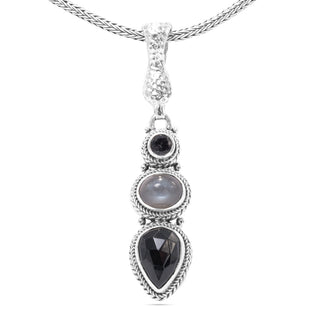 STERLING SILVER HAMMERED BLACK SPINEL, GREY MOONSTONE & ODYSSEY BLACK KNIGHT™ MYSTIC QUARTZ PENDANT WITH MAGNETIC ENHANCER BAIL - Last Chance - only found at SARDA™