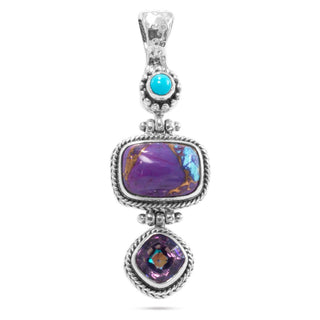 STERLING SILVER HAMMERED PURPLE MOHAVE TURQUOISE, IMPERIAL PURPLE™ MYSTIC QUARTZ & SLEEPING BEAUTY TURQUOISE PENDANT WITH ACCENT STONE MAGNETIC ENHANCER BAIL™ - Last Chance - only found at SARDA™