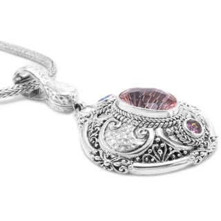 STERLING SILVER JANYL ADAIR & HAMMERED PINK CASHMERE™ MYSTIC QUARTZ & ENGLISH TEAROSE™ MYSTIC TOPAZ MEDALLION PENDANT WITH MAGNETIC ENHANCER BAIL™ - Magnetic Enhancer Bail - only found at SARDA™