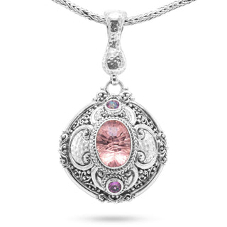 STERLING SILVER JANYL ADAIR & HAMMERED PINK CASHMERE™ MYSTIC QUARTZ & ENGLISH TEAROSE™ MYSTIC TOPAZ MEDALLION PENDANT WITH MAGNETIC ENHANCER BAIL™ - Magnetic Enhancer Bail - only found at SARDA™