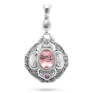 STERLING SILVER JANYL ADAIR & HAMMERED PINK CASHMERE™ MYSTIC QUARTZ & ENGLISH TEAROSE™ MYSTIC TOPAZ MEDALLION PENDANT WITH MAGNETIC ENHANCER BAIL™ - Magnetic Enhancer Bail - only found at SARDA™