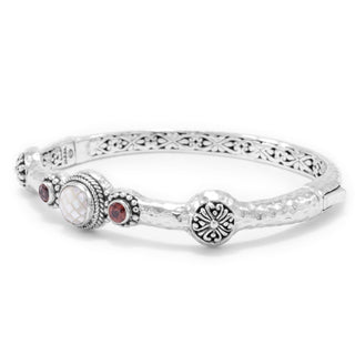 STERLING SILVER JANYL ADAIR WHITE MOP MOSAIC & RED ZIRCON OVAL BANGLE BRACELET WITH PUSH BUTTON INSERTION AND RETENTION - Last Chance - only found at SARDA™
