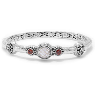 STERLING SILVER JANYL ADAIR WHITE MOP MOSAIC & RED ZIRCON OVAL BANGLE BRACELET WITH PUSH BUTTON INSERTION AND RETENTION - Last Chance - only found at SARDA™